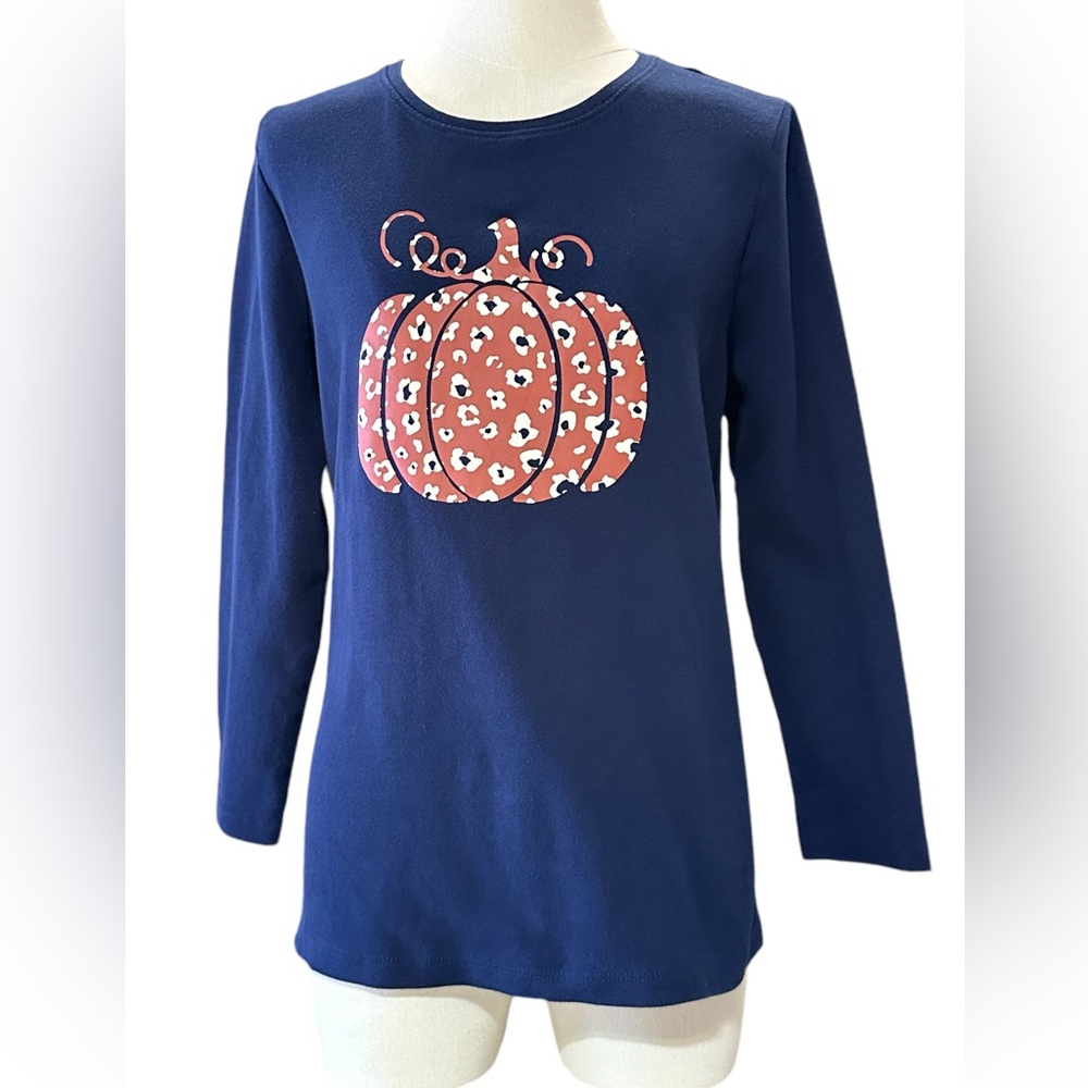 Kim Rogers Navy Blue Pumpkin Petite 3/4 Sleeve Crew Neck Graphic blouse (4036) - Picture 2 of 8